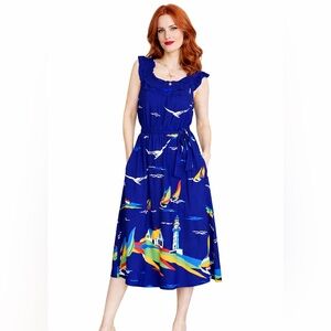 Anthropologie Conversations Coastal Print Midi Dress Sailboat Lighthouse‎ Navy